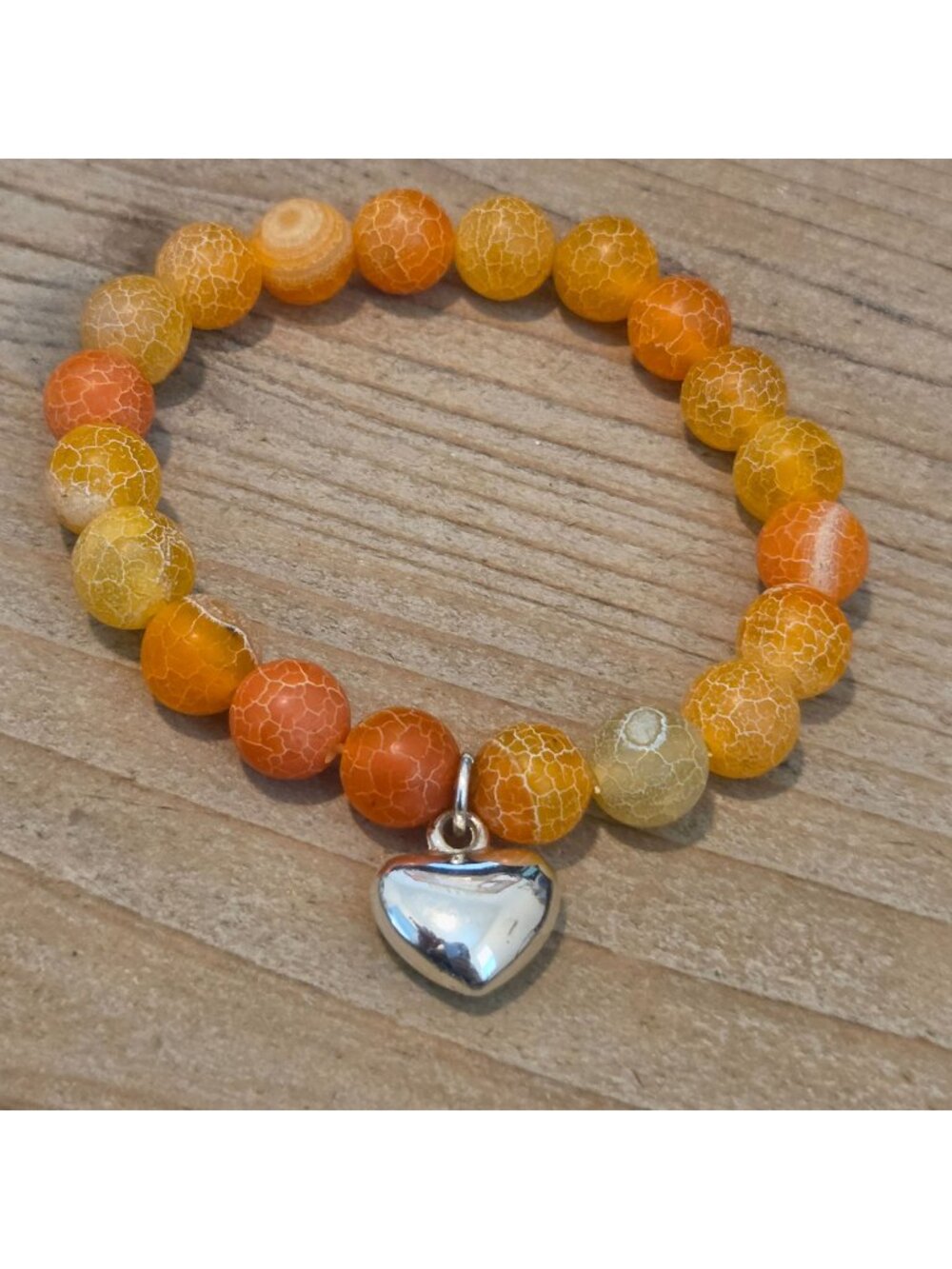 Orange Agate Beaded Stretch Bracelet With Silver Tone Heart Charm